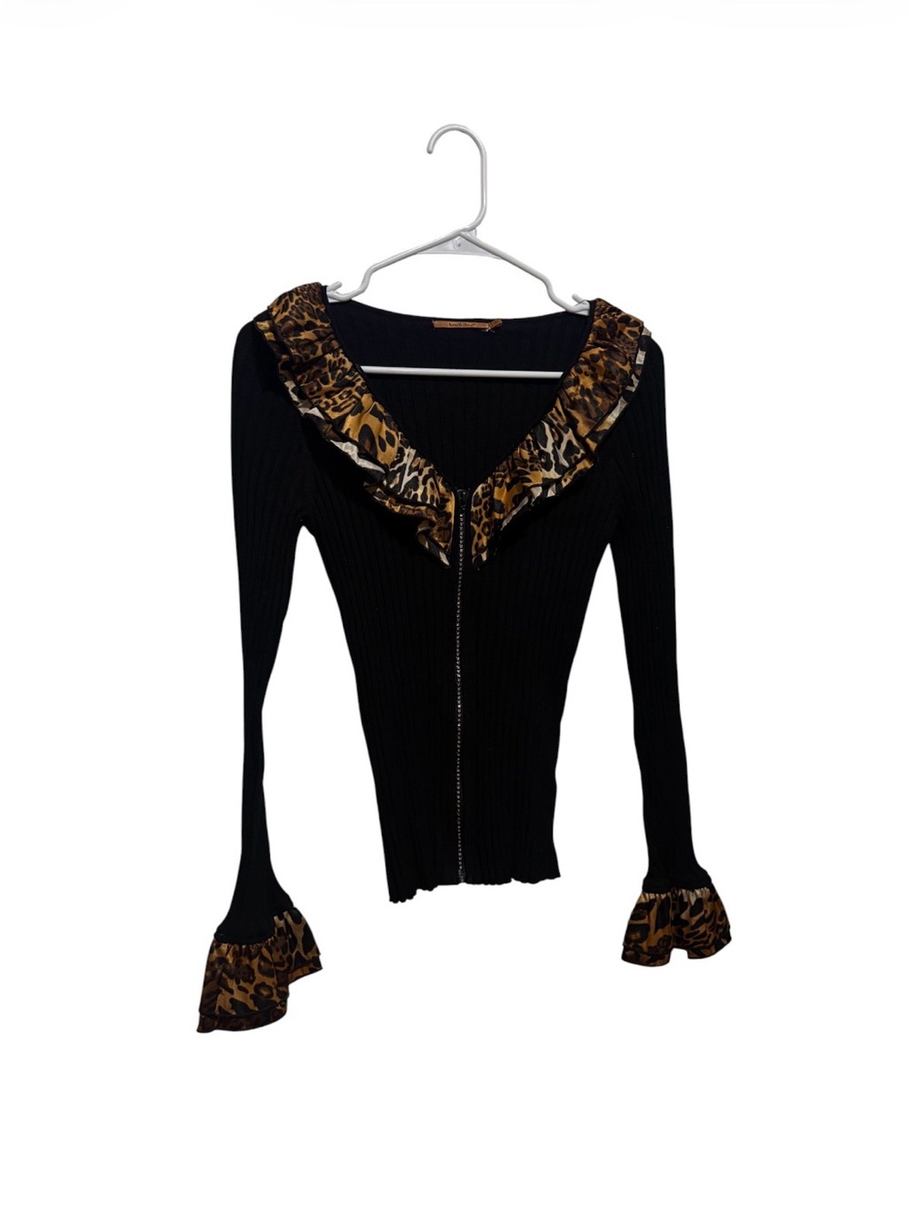 Belldini Black Ribbed Zip Cardigan with Leopard Ruffle Trim - Picture 2 of 6
